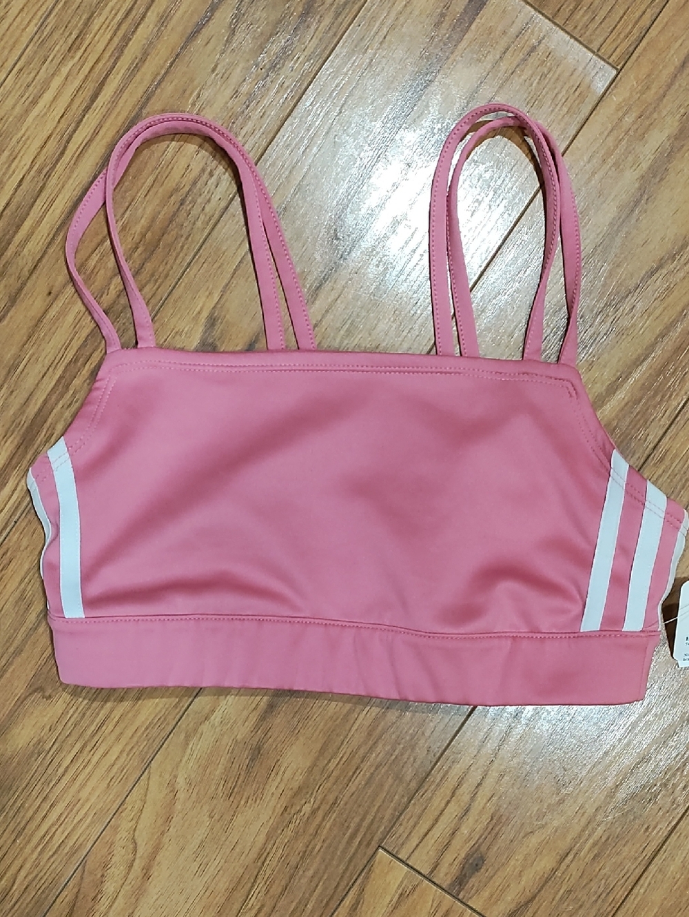 adidas Pink Girls Double-Strap Swim Top with White Stripes